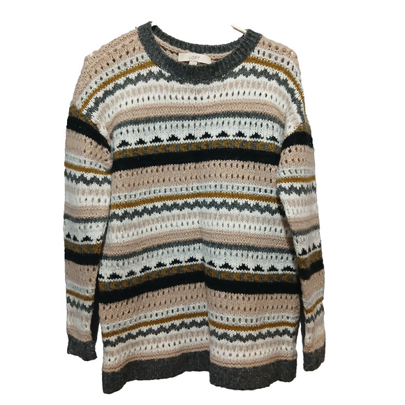 Ann Taylor Loft Sweater Womens Size Small Striped Gray Beige Wool Blend - Picture 1 of 6